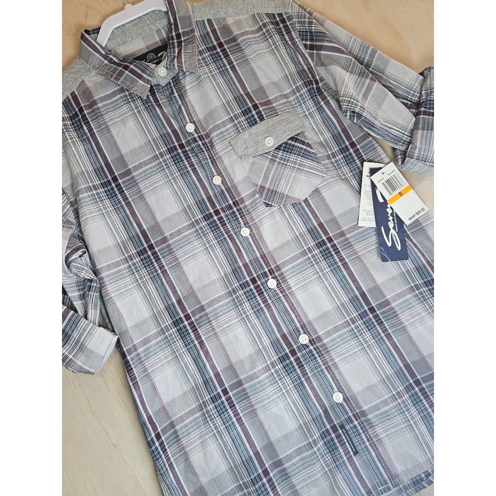 Seven7 Mens Ash Grey‎ Plaid Button Down Shirt Long Sleeve Cotton Small SNS7834 - Picture 6 of 16